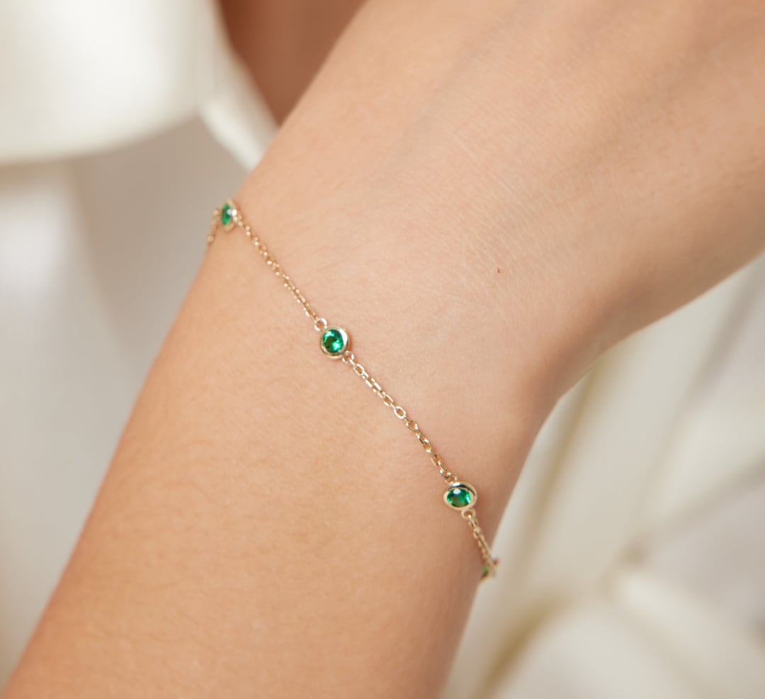 Emerald Bracelet, 14K Solid Yellow Gold Emerald Station Bracelet
