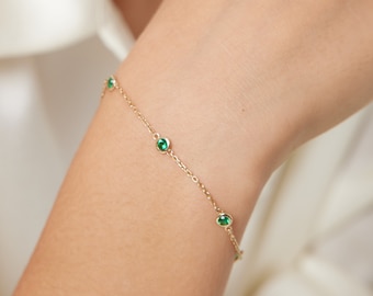 Emerald Bracelet, 14K Solid Yellow Gold Emerald Station Bracelet, Diamond By the Yard Bracelet, Bezel Set Emerald Bracelet, May Birthstone