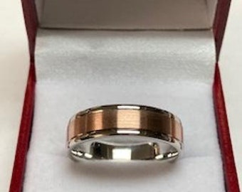 Two Tone Gold Wedding Bands, Satin Finish Mens Wedding Ring, 6mm 14K Solid White & Rose Gold Mens Wedding Band