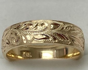 6mm 10K 14K 18K Solid Yellow Gold Hand Engraved Mens Wedding Band, Hand Engraved Mens Wedding Ring, Comfort Fit ,His and Hers Wedding Bands