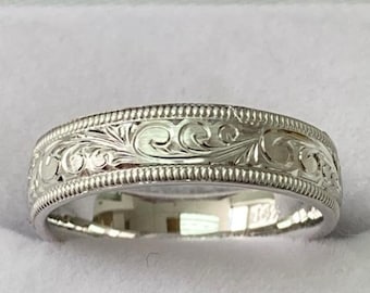 Hand Engraved Wedding Bands ,Hand Engraved Wedding Ring, 5mm 10K 14K 18K  White Gold Hand Engraved Mens Wedding Bands,  Mens Wedding Rings