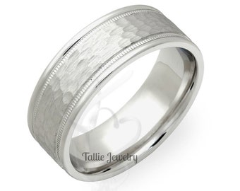 Mens White Gold Wedding Bands, Milgrain Hammered Finish  Mens Wedding Rings, 7mm 10K 14K 18K White Gold Mens Wedding Bands