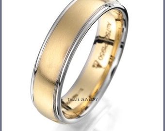 Two Tone Gold Wedding Rings, 6mm 10K 14K 18K White and Yellow Gold Mens or Womens Wedding Bands, Mens Wedding Rings, His and Hers Rings