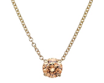 14K Solid Yellow Gold Champagne Solitaire Necklace, 5mm Round Champagne Color Necklace, Gemstone Necklace, Solitaire Necklace