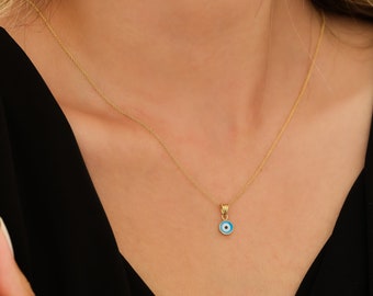 Evil Eye Necklace,14K Solid Yellow Gold Round Evil Eye Necklace, Small Evil Eye Pendant, Nazar Necklace, Kabbalah ,Gold Evil Eye