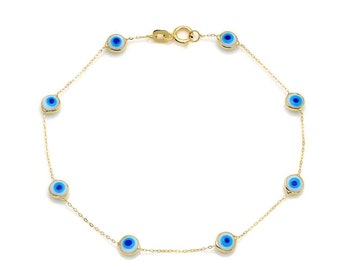 Evil Eye Bracelet, 14K Solid Yellow Gold Evil Eye Station Bracelet, Beaded Evil Eye Bracelet, Gifts for Her, Minimalist Evil Eye Bracelet