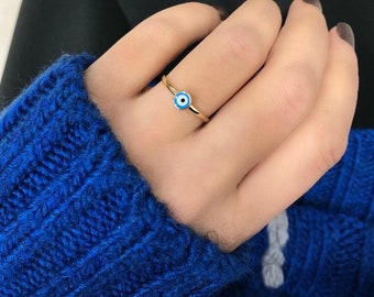 Evil Eye Ring, 14K Solid Yellow Gold Evil Eye Ring, Dainty Evil Eye Ring, Minimalist Evil Eye Ring, Nazar Ring, Rings for Women