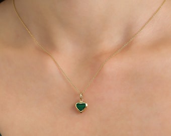 14K Yellow Gold Malachite Puffed Heart Necklace, Green Malachite Heart Necklace, Minimalist Heart Necklace, Heart Pendant, Heart Charm