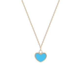 14K Solid Yellow Gold Minimalist Turquoise Heart Necklace,  Turquoise Necklace , Small Heart Necklace