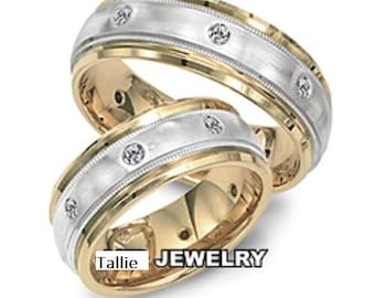 His and Hers Diamond Wedding Bands, Matching Wedding Rings Set ,Two Tone Gold Wedding Bands, 10K 14K 18K White and Yellow Gold Wedding Bands