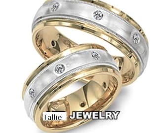 His and Hers Platinum Wedding Bands, Matching Wedding Rings Set , 18K Yellow Gold and Platinum Diamond Wedding Bands