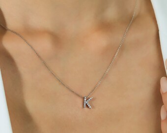 14K Solid White Gold Diamond Initial Necklace, Natural Diamond Letter Necklace, Diamond Necklace, Minimalist Letter K Necklace