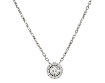 14K Solid White Gold Diamond Solitaire Necklace, 0.35 Carat Natural Diamond Halo Necklace, Round Diamond Necklace