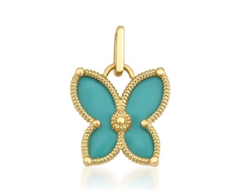 14K Solid Yellow Gold Butterfly Necklace, Blue Enamel Butterfly Pendant, Turquoise Butterfly Necklace, Butterfly Charm , Butterfly Pendant