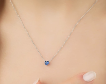 Sapphire Solitaire Necklace, 14K White Gold Sapphire Necklace, 5mm Prong Setting Blue Sapphire Necklace in 14K Gold , September Birthstone