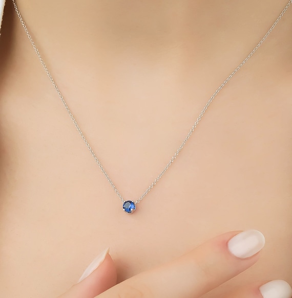 14kt White Gold Necklace with Sapphire and Diamonds- 16