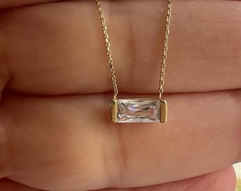 14K Solid Yellow Gold Baguette Diamond CZ Solitaire Necklace