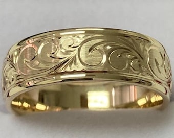 Hand Engraved Mens Wedding Band,  Hand Engraved Mens Wedding Ring,  7mm 10K 14K 18K Yellow Gold Hand Engraved Wedding Bands,  Rings for Men