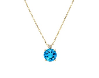 14K Solid Yellow Gold Topaz and Diamond Solitaire Necklace, Natural Round Blue Topaz Necklace, Diamond Necklace, Gemstone Necklace