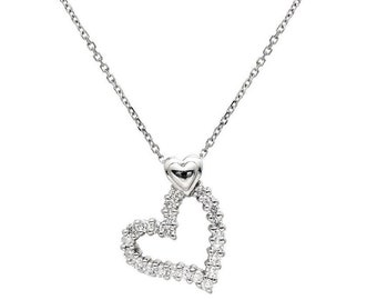 14K Solid White Gold Diamond Heart Necklace,0.35 Carat Natural Diamond Heart Necklace, Open Heart Necklace, Heart Pendant,Diamond Necklace