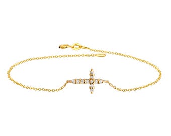 Diamond Cross Bracelet, 14K Solid Yellow Gold Natural Diamond Cross Bracelet, Minimalist Cross Bracelet, Small Cross Bracelet