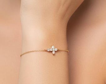 14K Solid Yellow Gold Diamond Cross Bracelet, Minimalist Diamond Cross Bracelet, Small Cross