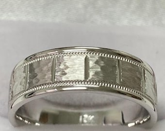 Mens Platinum Wedding Bands, 7mm Milgrain Hammered Finish Platinum Mens Wedding Rings
