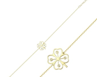 14K Solid Yellow Gold Four Leaf Bracelet, Diamond Clover Bracelet, Minimalist Clover Bracelet, Gold Bracelet, Irish Good Luck Charm
