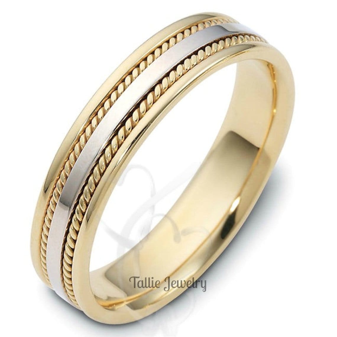 Unique Braided Men's Wedding Band Two-Tone 14K White Gold & Yellow Gold Ring  - Camellia Jewelry