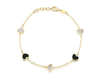 14K Solid Yellow Gold Mother of Pearl and Onyx Heart Bracelet, Heart Station Bracelet, Minimalist Heart Bracelet, Heart Charm