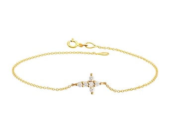 14K Solid Yellow Gold Diamond Cross Bracelet, Minimalist Diamond Cross Bracelet, Small Cross Bracelet, Diamond Bracelet