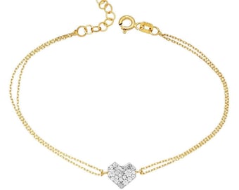 Heart Bracelet, 14K Solid Yellow Gold Baguette Diamond Cz Heart Bracelet