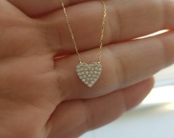 Heart Necklace, 14K Yellow Gold Heart Necklace, Diamond CZ Heart Necklace, Minimalist Heart Necklace in 14K Gold, Valentines Day Gift