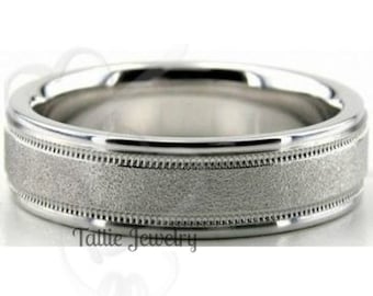 6mm Mens  Platinum Wedding Bands ,Milgrain Stone Finish Platinum Mens Wedding Rings, Platinum Rings, Rings for Men