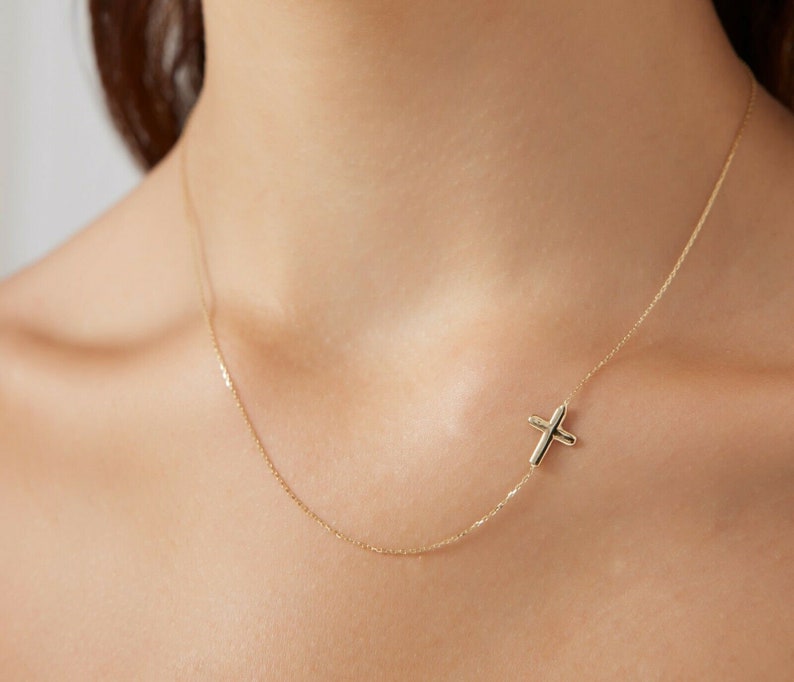 Sideway Cross Necklace 14K Solid Yellow Gold Cross Necklace Etsy