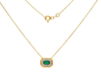 Baguette Emerald Necklace, 14K Solid Yellow Gold Emerald Solitaire Necklace, Dainty Emerald Necklace, May Birthstone, Green Emerald,Gemstone