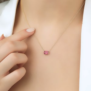 Ruby Necklace, 14K Yellow Gold Ruby Solitaire Necklace, Emerald Cut Ruby Necklace, July Birthstone, Gemstone, Minimalist Ruby Necklace