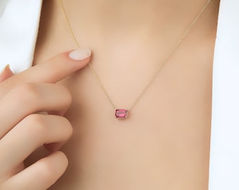 Ruby Necklace, 14K Solid Yellow Gold Ruby Solitaire Necklace, Dainty Emerald Cut Ruby Necklace, July Birthstone, Gemstone, Red Ruby