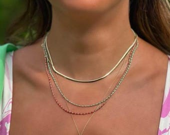 14K Yellow Gold Turquoise Beaded Necklace, Blue Enamel Beaded Necklace, 4.1 gr Gold Chain