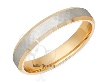 Two Tone Gold Wedding Bands, Beveled Edge Hammered Finish Wedding Ring for Mens & Womens ,4mm 10K 14K 18K White and Yellow Gold Wedding Band