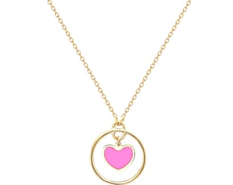 14K Solid Yellow Gold Heart Necklace, Minimalist Pink Heart Necklace on Circle, Small Heart Necklace