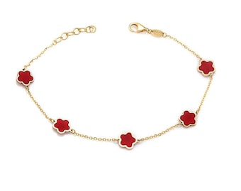 14K Solid Yellow Gold Red Coral Blossom Bracelet, Red Coral Daisy Bracelet, Blossom Flower Station Bracelet, gold Bracelet