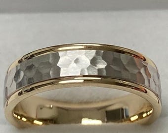 Two Tone Gold Wedding Bands, Hammered Finish Mens Wedding Ring, 6mm 10K 14K 18K Solid White and Yellow Gold Mens Wedding Band