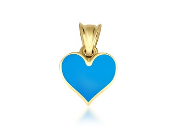 14K Solid Yellow Gold Heart Necklace, Turquoise Heart Necklace, Blue Enamel Heart Necklace, Dainty Heart Pendant, Valentine Days Gift