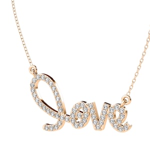14K Solid Rose Gold Love Necklace, 0.85 Carat Natural Diamond Love Necklace, Valentines Day Gifts , Diamond Necklace