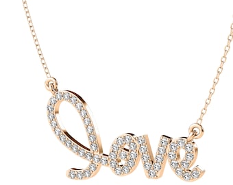 14K Solid Rose Gold Love Necklace, 0.85 Carat Natural Diamond Love Necklace, Valentines Day Gifts , Diamond Necklace