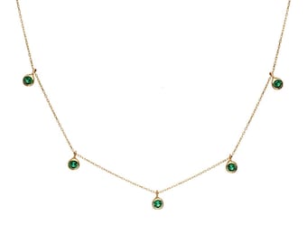Emerald Necklace, 14K Solid Yellow Gold Station Emerald Necklace, Dainty Emerald Necklace, May Birthstone, Green Emerald, Gemstone