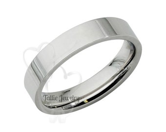 14K Solid White Gold Wedding Band, ,Shiny Finish Flat Plain Wedding Band for Mens and Womens , 4mm 10K 14K 18K White Gold Wedding Bands