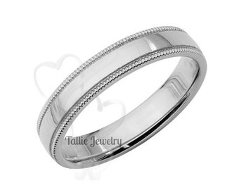 4mm 10K 14K 18K Solid White Gold Wedding Band, Plain Wedding Rings for Men and Women , Polished , Dome Milgrain Wedding Bands