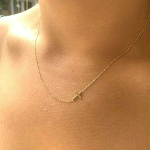Sideway Cross Necklace, 14K Solid Yellow Gold Cross Necklace, Small Cross Necklace, Minimalist Cross Necklace, Baptism Gift, Gifts for Her
